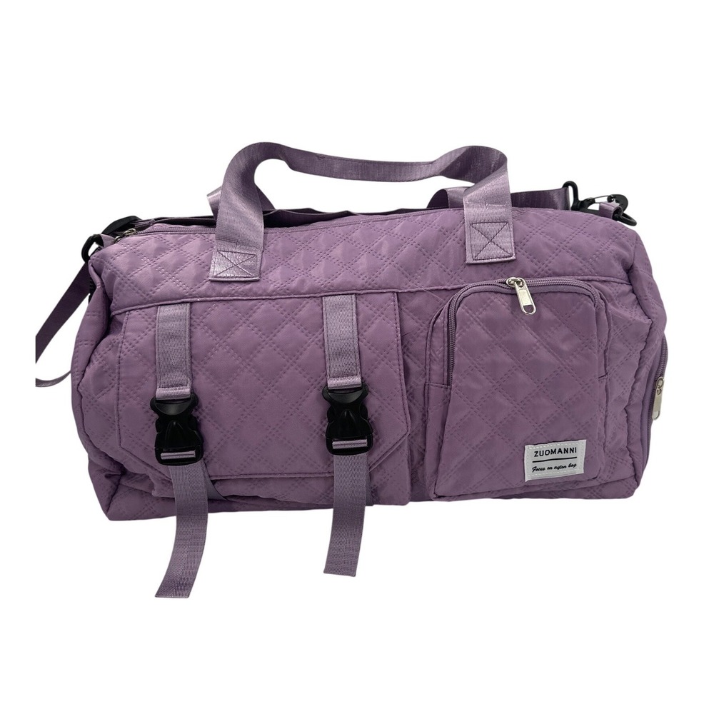 Zuomanni Purple Quilted Nylon Duffel Bag Gym Travel Weekender Shoulder Strap
